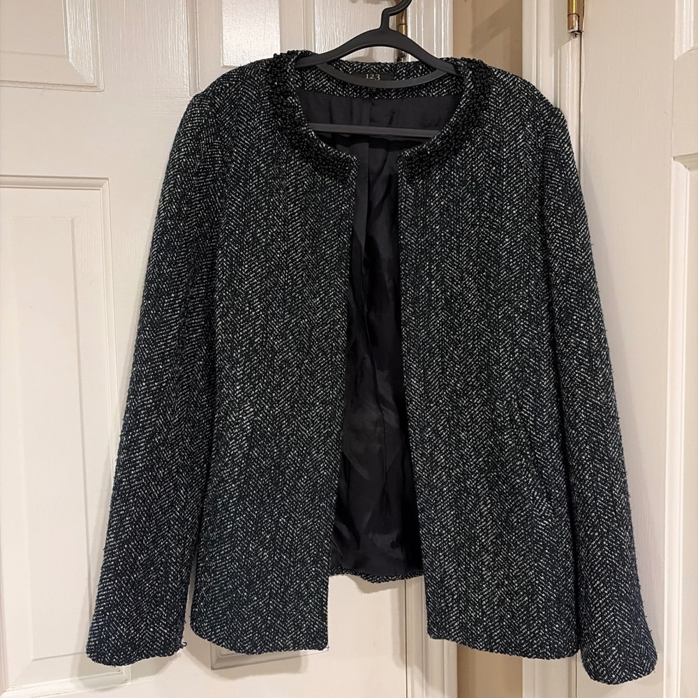 1.2.3 Paris Womens Herringbone Tweed Jacket Black White 8 Beaded Collar Wool